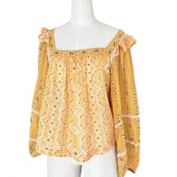 FREE PEOPLE - Sz Medium blouse yellow mustard sheer in square neck - Picture 1 of 7